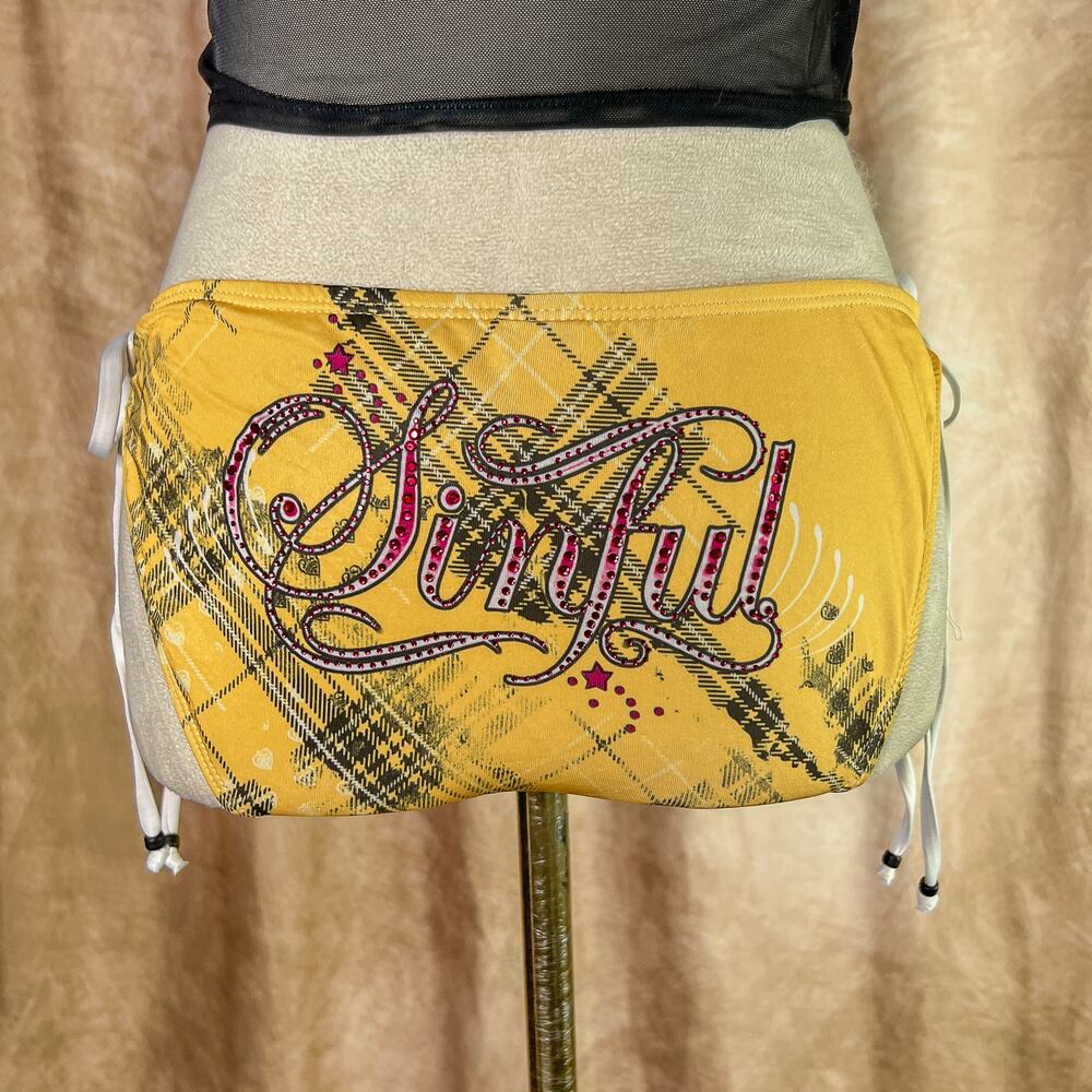 Sinful Affliction Bikini Bottoms Rome Plaid Yellow Rhinestone Star Tie Sides Y2K